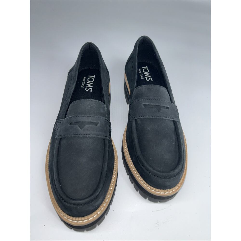 TOMS Cara Penny Loafer Women's 7 Soft Black Leather Shoes Lug Sole Slip On